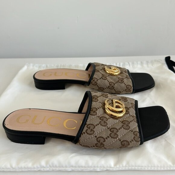 Gucci GG Jolie Leather-Trimmed Embellished Logo-Detailed Canvas Slides Size: 37 - Picture 6 of 11